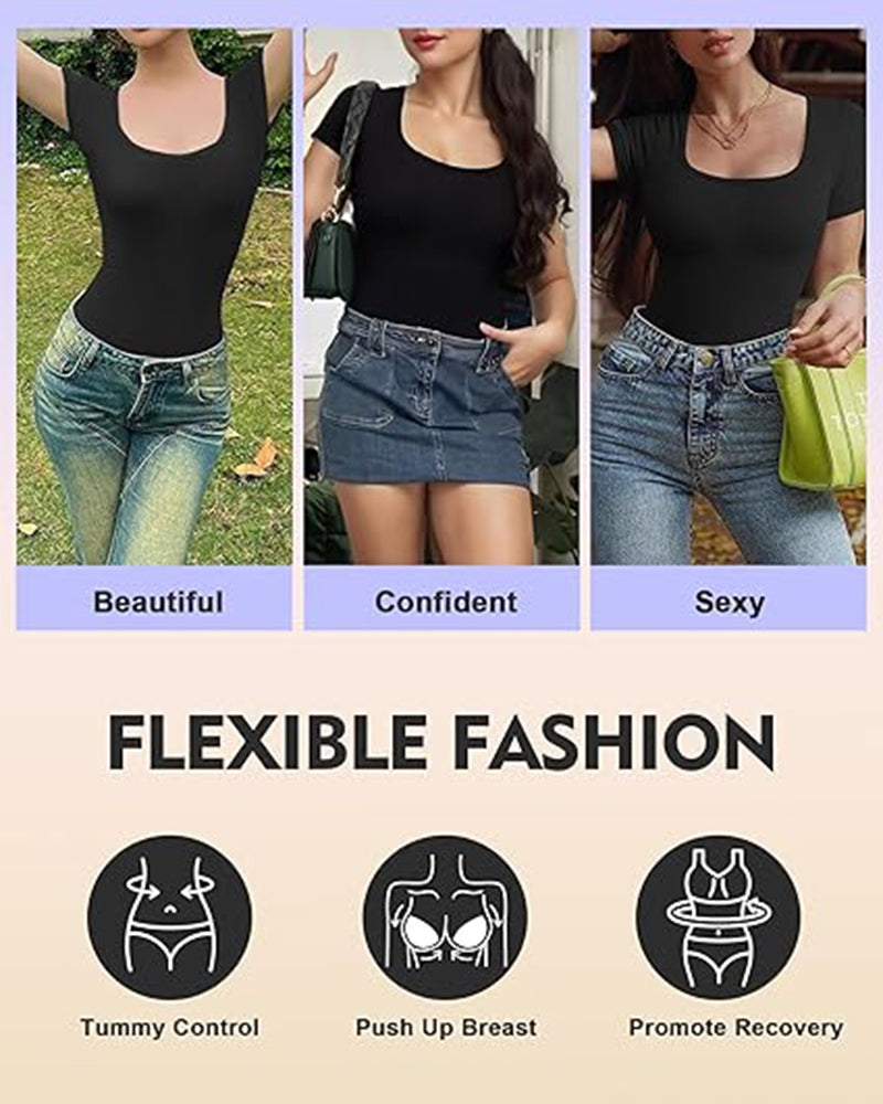 Seamless Square Neck Bodysuit – Tummy Control & Body Sculpting, Short Sleeve – view 3