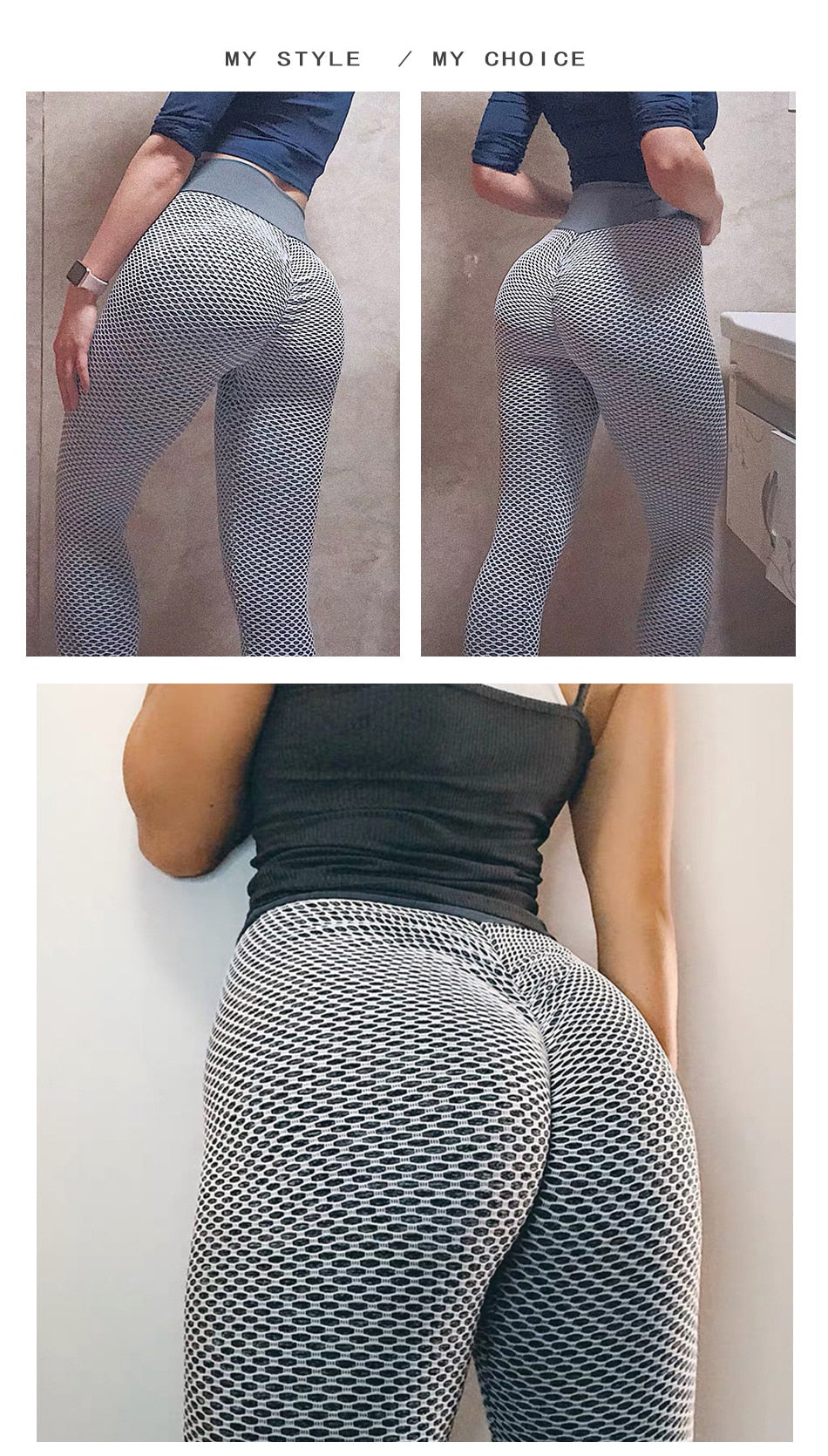 Bluehorixon Textured Scrunch-Butt Leggings with Tummy Control Waistband – back view
