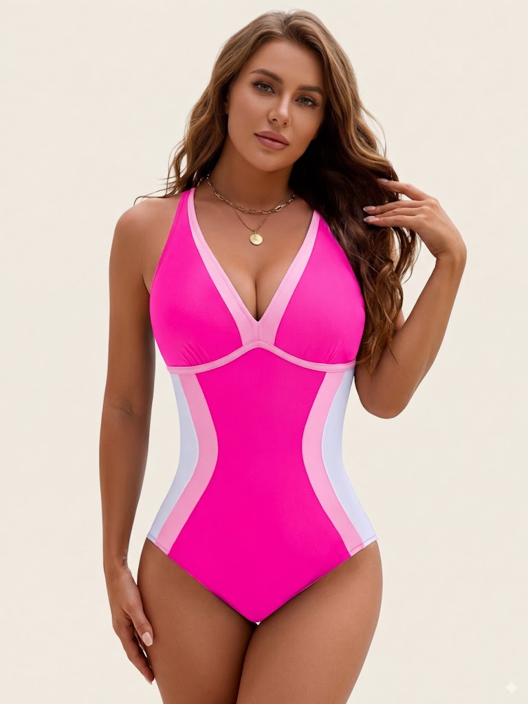 Color Block Plunge Tummy-Control One-Piece Swimsuit