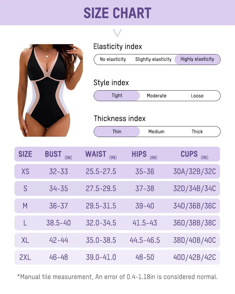 Bluehorixon Color Block Plunge Swimsuit with Tummy Control – back view