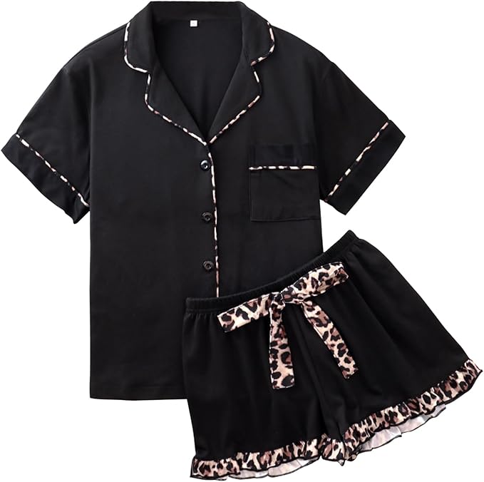 Black button-down pajama set with leopard trim