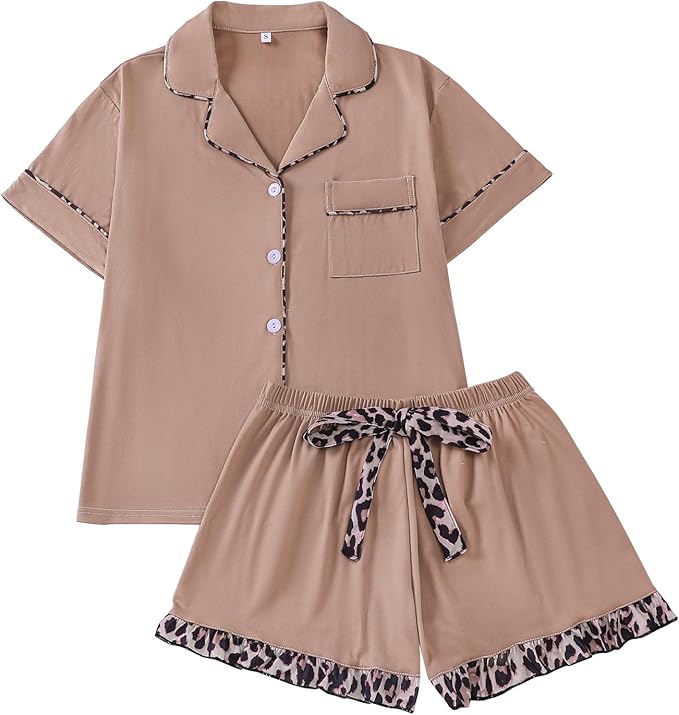 Brown button-down pajama set with leopard trim