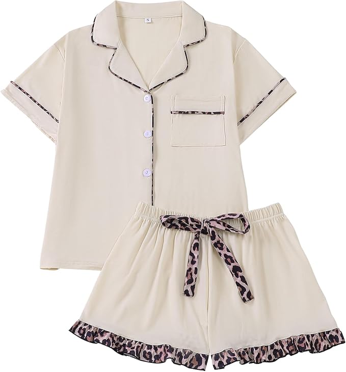 White button-down pajama set with leopard trim