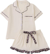 White button-down pajama set with leopard trim