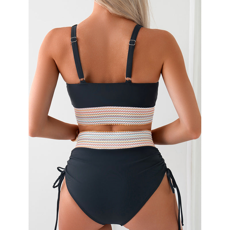 Black high-waisted tummy control bikini set side view