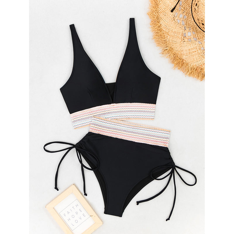 Black high-waisted tummy control bikini set back view